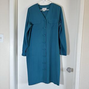 VTG Tess Dress Green Women’s Size 10 Long Sleeve Shirt Dress 100% Silk